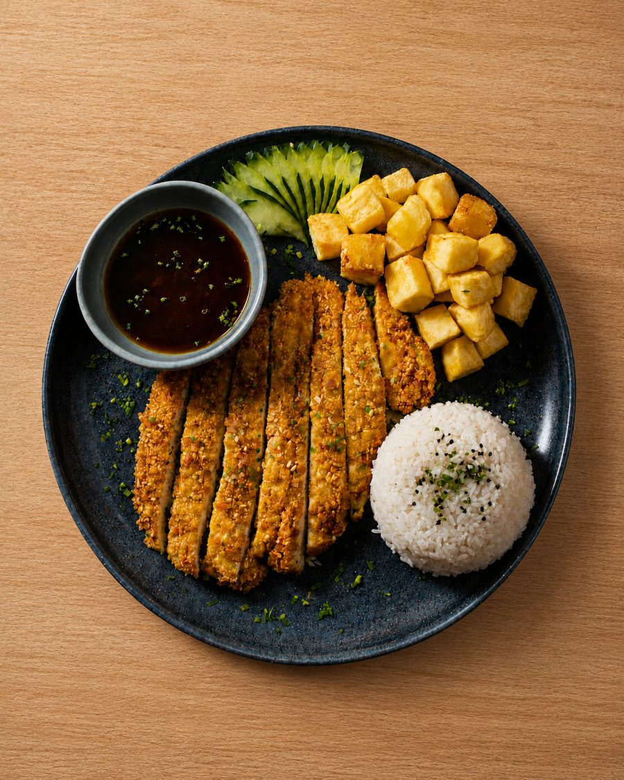 Frango crocante com arroz, tofu e legumes do menu executivo
